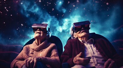 old couple in VR glasses at virtual reality cinema