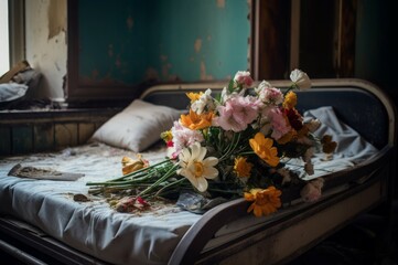 Fototapeta na wymiar Bouquet of flowers on hospital bed. Bombed city ruin military destruction. Generate Ai
