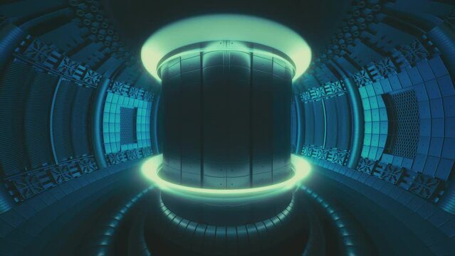 Igniting plasma inside a fusion reactor. Wide shot. ITER, International fusion reactor, tokamak. Nuclear fusion, clean energy concept. Future of energy. High quality 4k cinematic animation. 
