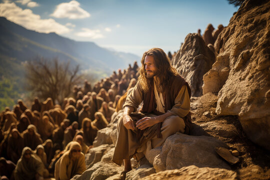 Jesus Christ preaching at the Sermon on the Mount, blessing the poor, the sorrowful and meek, justice, the merciful and peaceable, religion of christianity, bible story