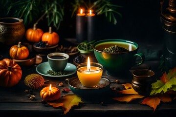 Cozy green tea in strainer in ceramic cup Autumn feeling of still life of  during with candle light and small buddha
