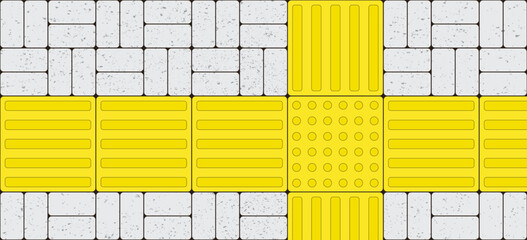 Braille blocks, yellow blocks of tactile paving for blind people. Pathway, sidewalk guides for blind. Traffic, route tiles for the visually impaired. Pedestrian lane for blindness people.  - obrazy, fototapety, plakaty