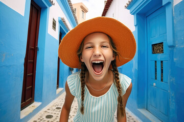 Young happy Moroccan lady with a big hat standing on the street with blue houses outdoor.