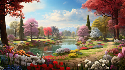 Fantastic Panoramic View to Spring Flowers in the Park