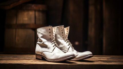 A pair of white boots sitting on top of a wooden table