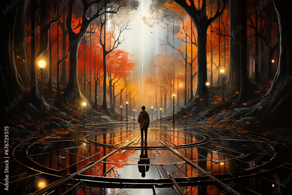 Poster a person standing at a crossroads, contemplating the multiple paths they could take, reflecting the 