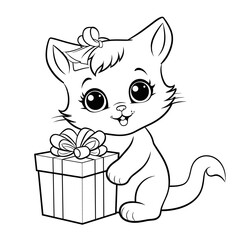 A Cat With A Christmas Present Present Gift, Coloring Pages Png