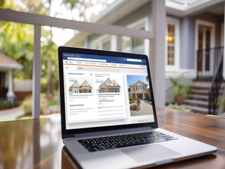 Open laptop with houses on the screen stands on a table on the background of a large private house. Concept of buying and selling real estate. - obrazy, fototapety, plakaty