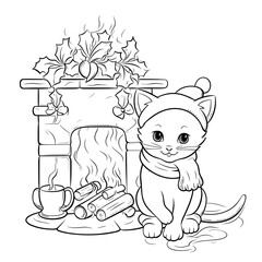 A Cozy Cat By The Christmas Fireplace Cozy, Coloring Pages Png