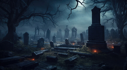 Graveyard cemetery In Spooky dark Night full moon. Holiday event halloween background concept.