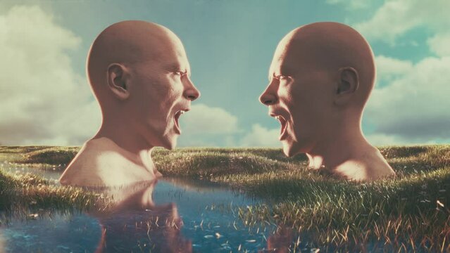 Two busts, male heads, screaming at each other, reflecting in water. Surreal modern art sculpture.Fantasy scenery. Anger,anxiety,madness, schizophrenia, quarrel concept. Symbolic image. Consciousness.