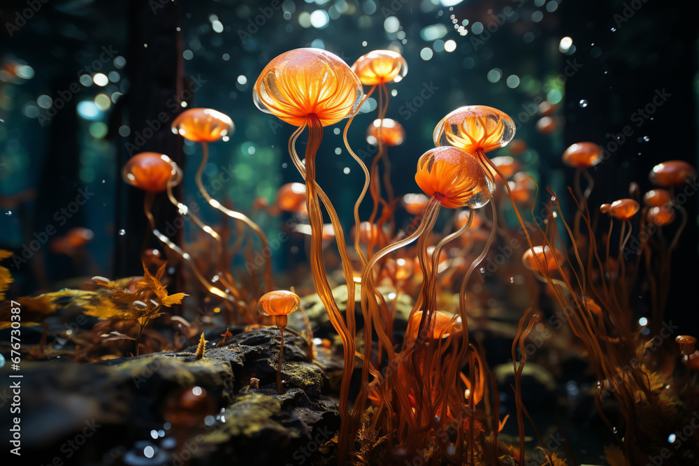 Poster An underwater photograph capturing gas bubbles rising from the depths of a lake, creating a captivating aquatic 
