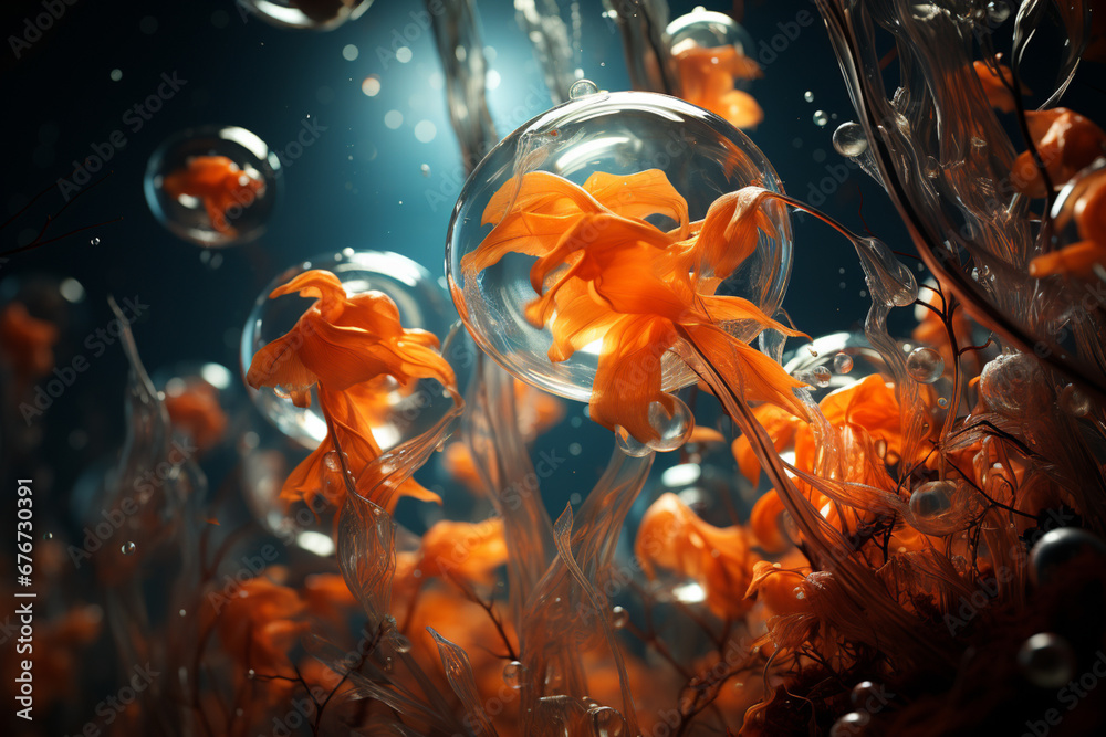Aufkleber an underwater photograph capturing gas bubbles rising from the depths of a lake, creating a captivat