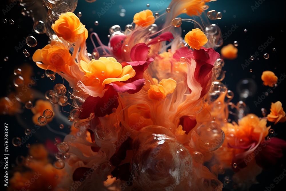 Poster an underwater photograph capturing gas bubbles rising from the depths of a lake, creating a captivat