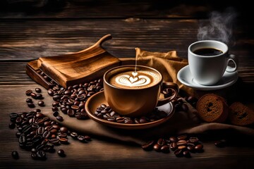 One cup of aroma cappuccino on round marble table, heart shaped latte-art and brown background. Brown sugar and sweets on wooden plate.  