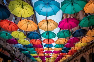 Fototapeta na wymiar Colorful umbrella city street fashion. Travel protection vibrant artistic season. Generate Ai