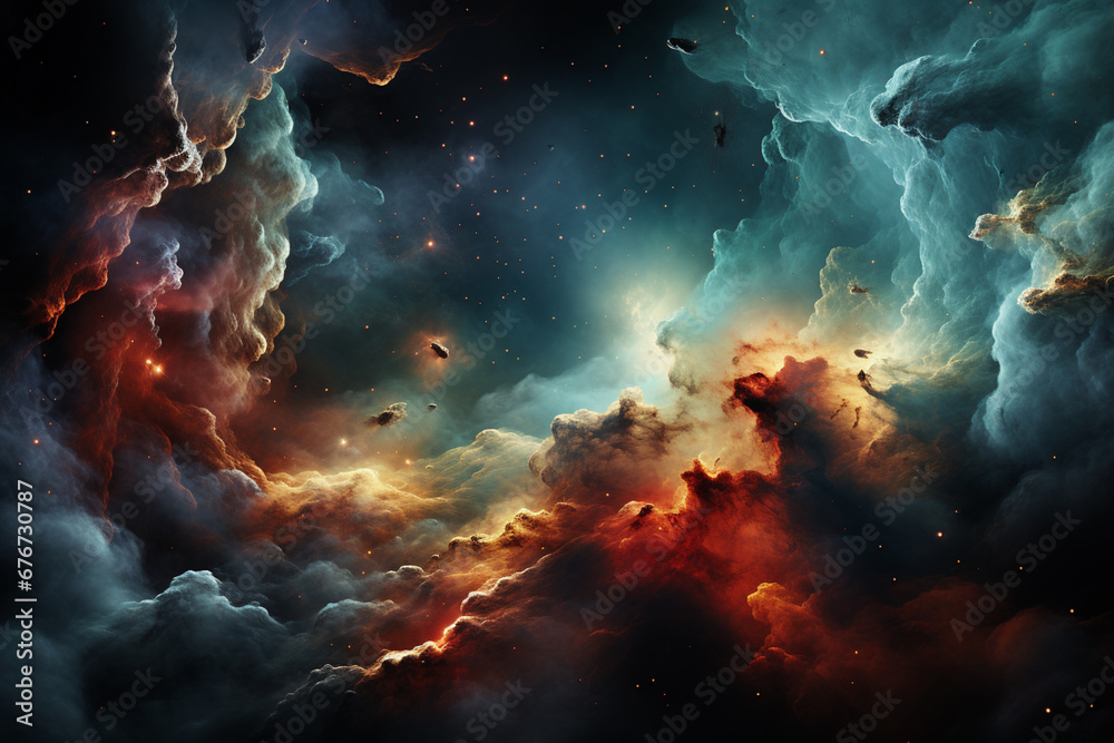 Aufkleber An artistic rendering of colorful gas nebulae and stars in space, conveying the beauty and complexity of the universe.  