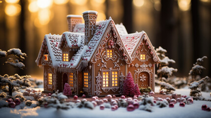Fototapeta premium Homemade Christmas Gingerbread House displayed on a table. Christmas tree lights in the background.
