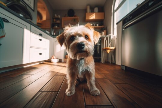 Dog sitting at kitchen floor. Animal canine pet treat look. Generate Ai