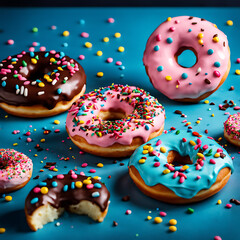  a pink donut with sprinkles and a smiley face on a blue table. The donut is glazed and has a variety of colored sprinkles on top. The smiley face is made with chocolate chips