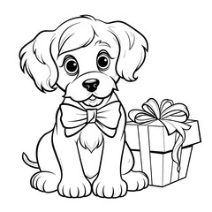 A Dog As A Christmas Gift With A Bow Gift , Coloring Pages Png