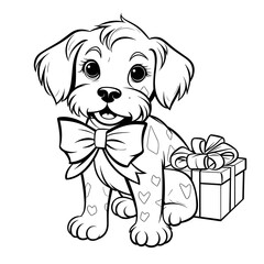 A Dog As A Christmas Present With A Bow Present, Coloring Pages Png