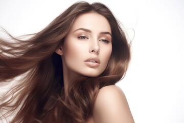 Naklejka premium Beautiful long hair. Beauty with luxurious straight brown hair. Beautiful model on a white background.Generative AI