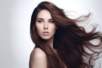 Fototapeta premium Beautiful long hair. Beauty with luxurious straight brown hair. Beautiful model on a white background.Generative AI