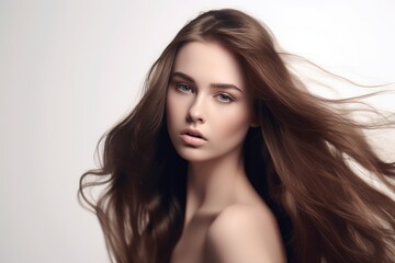 Fototapeta premium Beautiful long hair. Beauty with luxurious straight brown hair. Beautiful model on a white background.Generative AI