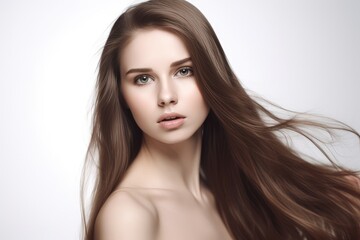 Fototapeta premium Beautiful long hair. Beauty with luxurious straight brown hair. Beautiful model on a white background.Generative AI