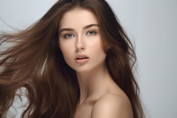 Fototapeta premium Beautiful long hair. Beauty with luxurious straight brown hair. Beautiful model on a white background.Generative AI