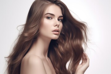 Naklejka premium Beautiful long hair. Beauty with luxurious straight brown hair. Beautiful model on a white background.Generative AI
