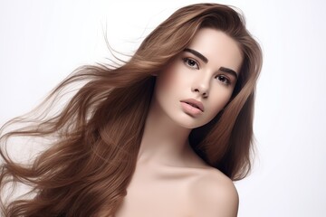 Naklejka premium Beautiful long hair. Beauty with luxurious straight brown hair. Beautiful model on a white background.Generative AI