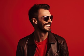 Fototapeta premium stylish portrait.Handsome young man in a leather jacket and sunglasses on a red background. Generative AI