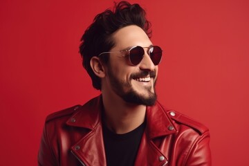 Obraz premium stylish portrait.Handsome young man in a leather jacket and sunglasses on a red background. Generative AI