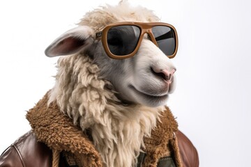 Fototapeta premium funny ram in sunglasses and a coat on a white background. place for text.