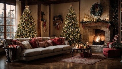 the Christmas spirit in a cozy and inviting living space. Enjoy the roaring fireplace, plush chairs, flickering candles, and sparkling Christmas tree all set against a broad window