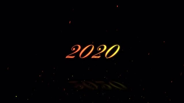 炎とともに現れたり消えたりする文字「2020」背景透過。