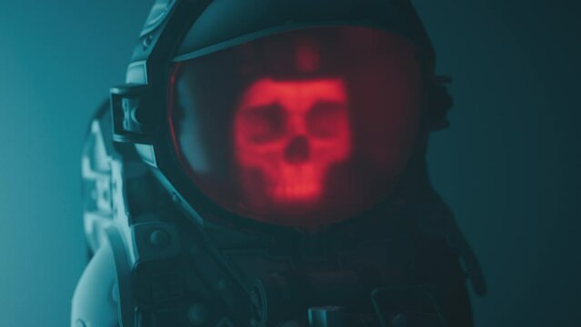 Dead astronaut.Red lit human skull in the helmet of a space suit.Scifi-horror science-fiction footage.Death in space concept.Animated movie style. Space disaster,exploration.Sci-fi cinematic animation