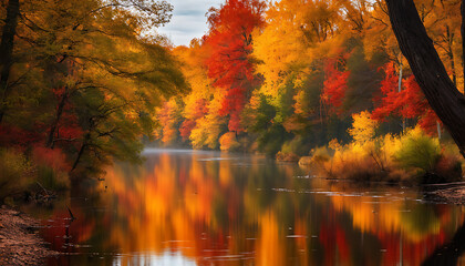 a river surrounded by trees in the fall. The trees are all different colors, including red, orange, and yellow. The river is calm and still, and the trees are reflected in the water.