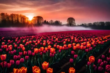 Tulip field during sunrise, the field has red and pink tulips, the sky is filled with clouds which look pinkish purple by the sun. The sky itself is orange and pink. A part of the field is covered in  - obrazy, fototapety, plakaty