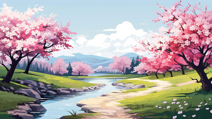Beautiful Illustration of Spring Landscape with Cherry Trees