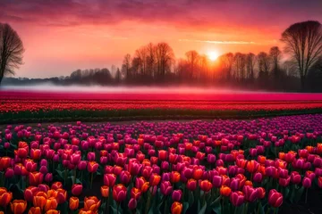 Fototapeten Tulip field during sunrise, the field has red and pink tulips, the sky is filled with clouds which look pinkish purple by the sun. The sky itself is orange and pink. A part of the field is covered in  © HUSNA