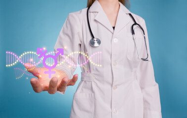 Female doctor holding third gender and sex symbol. Concept of many gender, transgender, International Transgender Day of Visibility, World sexual health day, Third gender day, Pride Month and LGBT.