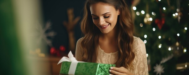 A beautiful woman enjoys unwrapping a Christmas present. A woman holds a gift in her hands. Generative AI.