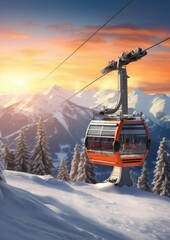 A cable car transporting skiers in a ski resort. Landscape covered with snow. Generative AI. - obrazy, fototapety, plakaty
