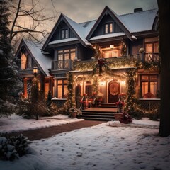 Fototapeta premium Christmas decoration on the family house. Generative AI.