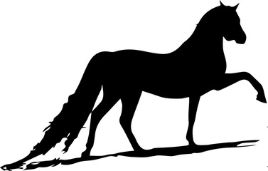 Graceful horse in motion. One leg is raised. Black silhouette on a transparent background.