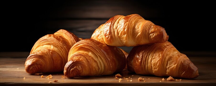 Tasty butter croissants laid on a wooden table. Generative AI.