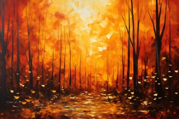 An abstract representation of an autumnal scene, with streaks of deep orange and golden yellow, reminiscent of falling leaves and the crisp air of fall.